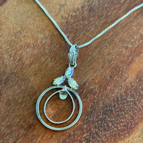 Sterling Silver Opal Pendant Necklace 925 Chain 17” Modern Double Circle Design - Picture 2 of 9